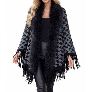 Kimberly C. Shawl cape houndstooth gray black fur trimmed fringe bottom OSFM*
